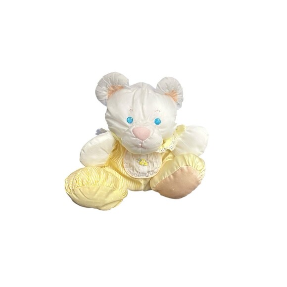 Vintage 1988 Fisher Price Puffalump Bear Yellow Stripes Rattle Bib Plush Stuffed - Picture 1 of 9
